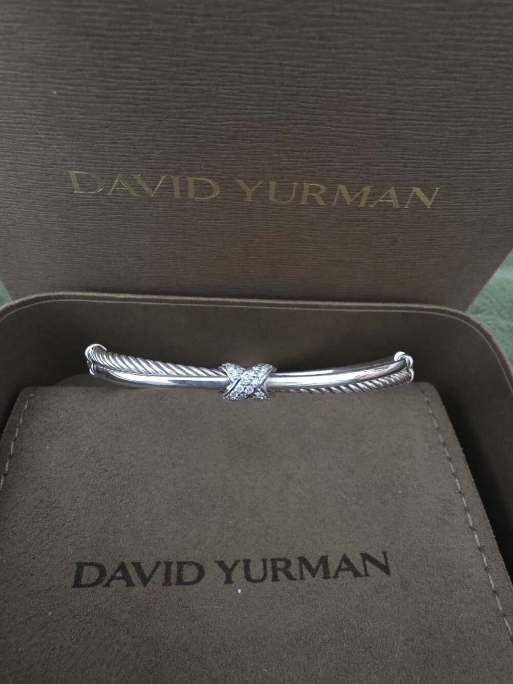 David Yurman Diamond X Crossover Two-Row Cable Bracelet Small Box & Po